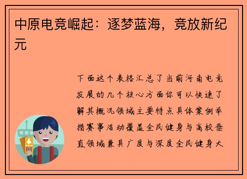 中原电竞崛起：逐梦蓝海，竞放新纪元